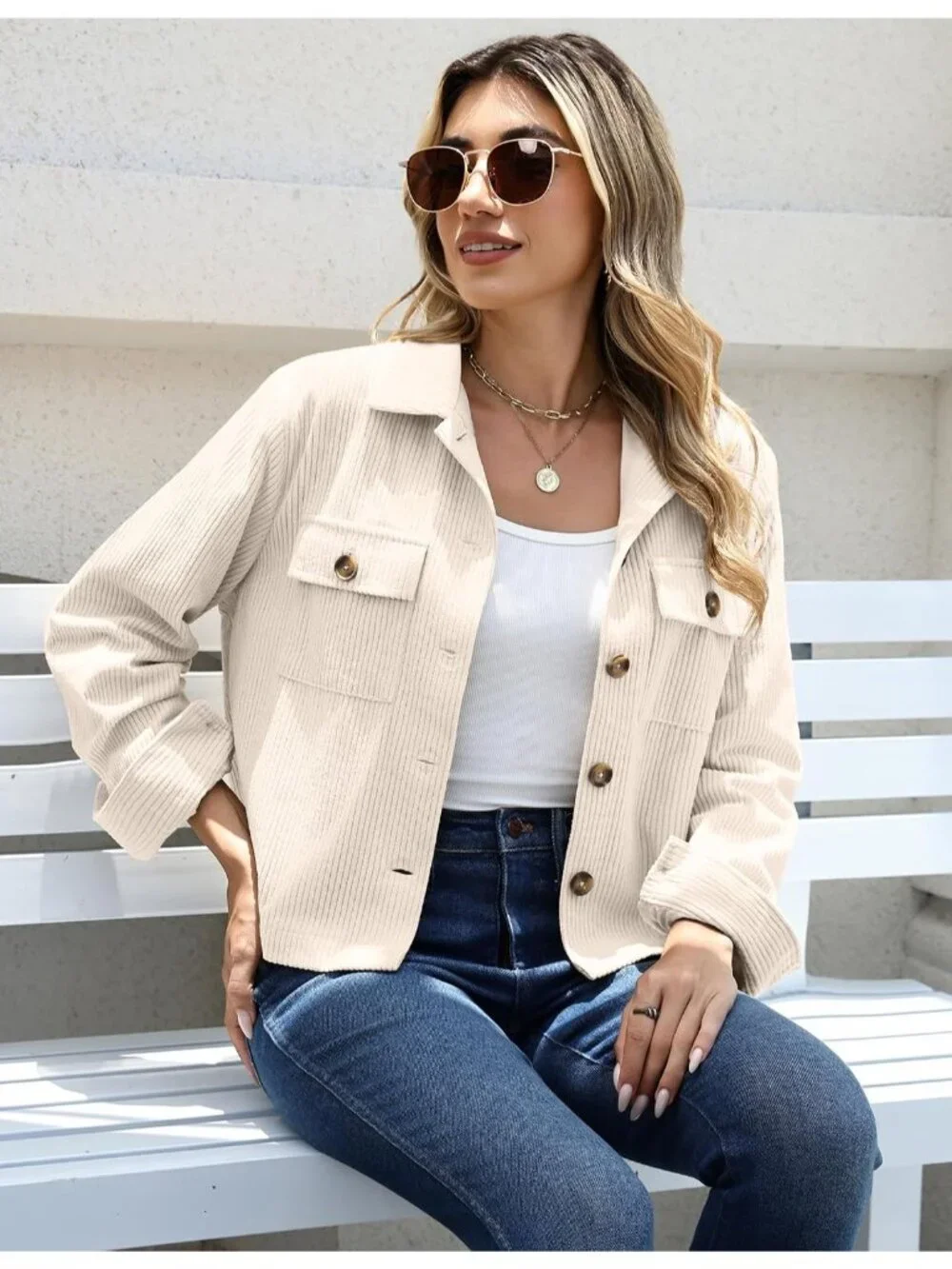 Women's Beige Fashion Cropped Corduroy Button Down Long Sleeve Trendy Jacket